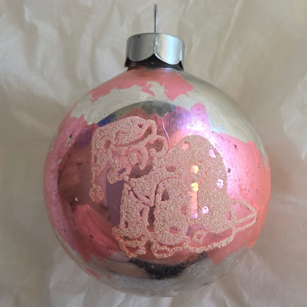 VTG RARE Mercury‎ Glass Christmas Ornament Pink Santa Mica Stencil Made in USA